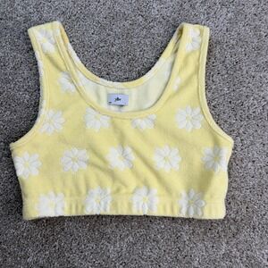 YLLW Tank Top Womens Large Yellow Terry Daisy Floral Cropped Sleeveless Summer